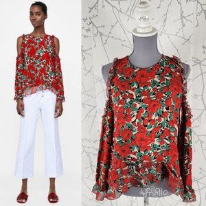 Zara Red Floral Printed Ruffle Cold Shoulder Blouse